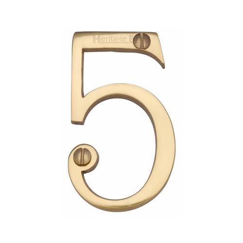 C1560 5-PC - HERITAGE BRASS NUMERAL 5 FACE FIX 76MM (3) POLISHED