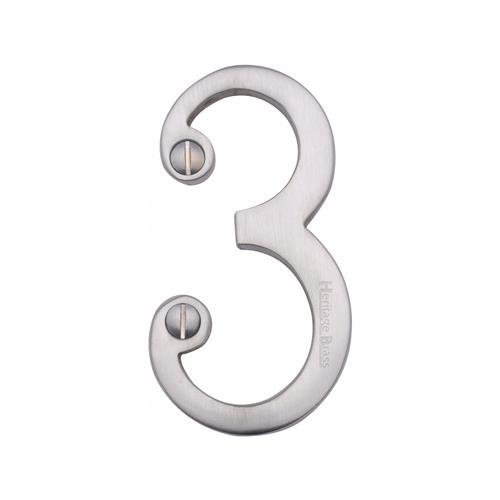 C1560 3-SC - HERITAGE BRASS NUMERAL 3 FACE FIX 76MM (3) SATIN CH