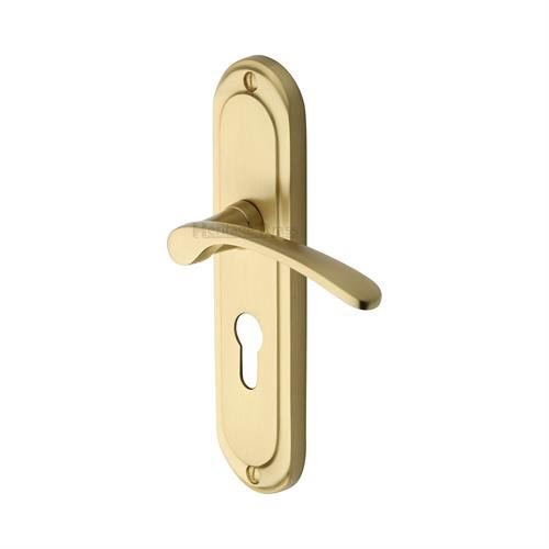 AMB6248-SB - Heritage Brass Door Handle for Euro Profile Plate Ambassador Design Satin Brass Finish